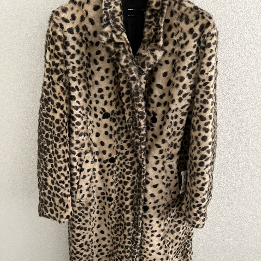 ASOS Design Cheetah Leopard Print Long Trench Coat Fur Jacket Stole Medium